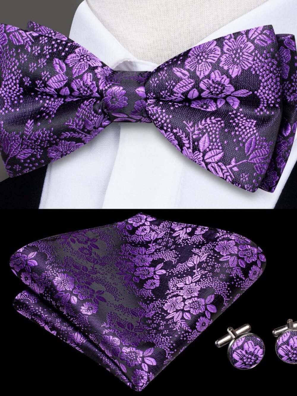 Hi-Tie Bow Ties for Men Pre-Tied Pocket Square with Cufflinks Mens Bowtie Set